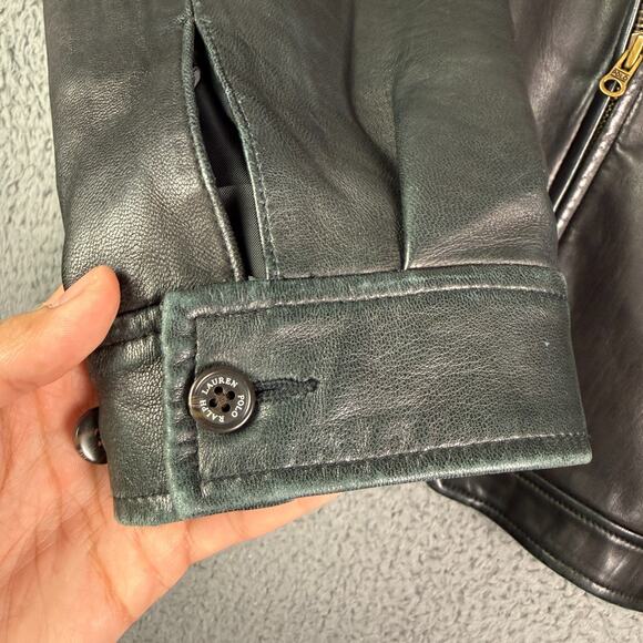 Vintage Polo Ralph Lauren Leather Jacket Mens M Black Full Zip Bomber Chin Strap - Picture 4 of 16